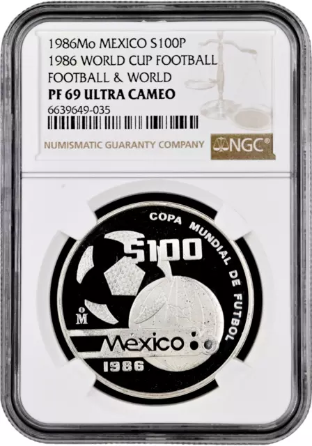 Mexico 100 pesos 1986 Mo, NGC PF69 UC, "1986 FIFA World Cup - Ball & Globe" Top