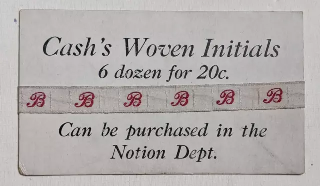 VINTAGE ADVERTISEMENT CARD w SAMPLE NOTION for CASH s WOVEN INITIALS, LETTER "B"