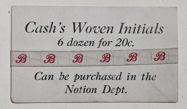 VINTAGE ADVERTISEMENT CARD w SAMPLE NOTION for CASH s WOVEN INITIALS, LETTER "B"