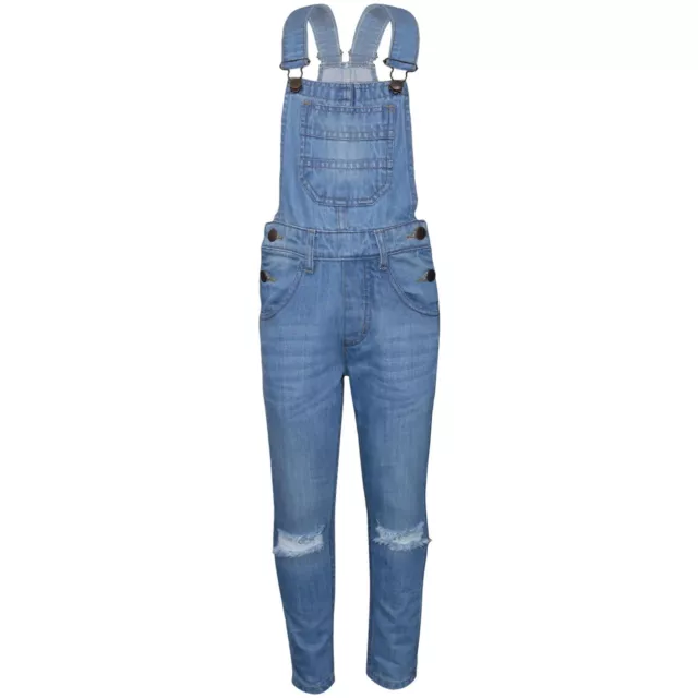 Kids Girls Denim Dungaree Knee Ripped Light Blue Jeans Overall Fashion Jumpsuits