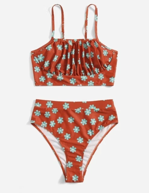 Womens Size 12-14 Retro Floral Ruched Swimming Costume Bikini Swimsuit Swimwear