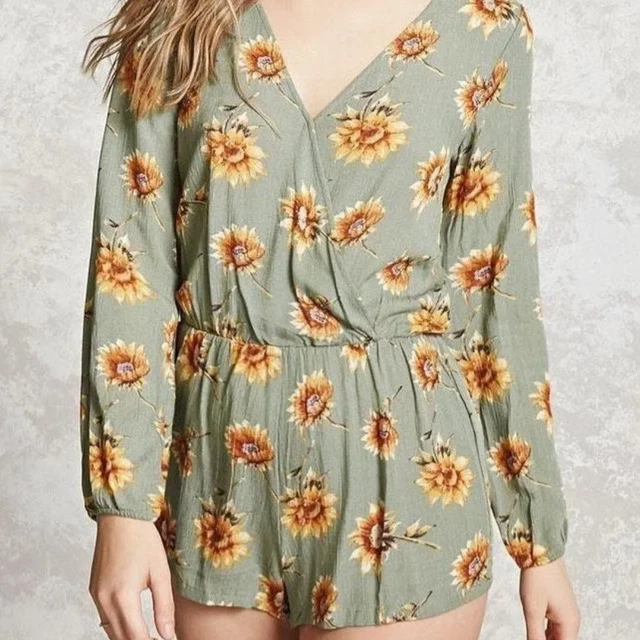 Forever 21 Romper Women's Medium, Olive Green Sunflower Summer Casual Wear
