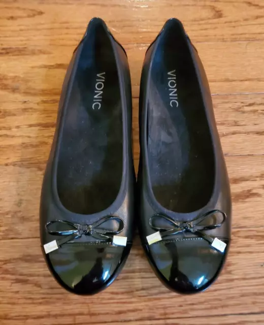 VIONIC Minna Womens Black Leather Ballet Flats Patent Leather Cap Toe Size 7.5