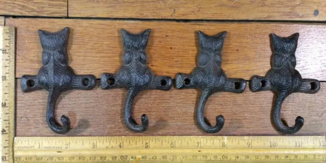 Set of 4 CAT Kitty Feline KEY leash TAIL as HOOKS rustic cast iron vintage style
