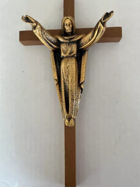 Mid-Century Modern VTG Wood and Brass Crucifix Catholic Christian Mod Fab