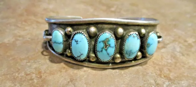 GEM !!  Vintage Navajo Sterling Silver FIVE PREMIUM TURQUOISE Row Bracelet