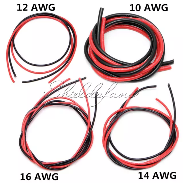 10 12 14 16 AWG Gauge Wire Flexible Silicone Copper Cables RC Black Red 1M+1M