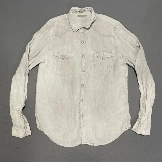 Lucky Brand 100% Linen Mens Pearl Snap Button Down Shirt Size Medium Long Sleeve