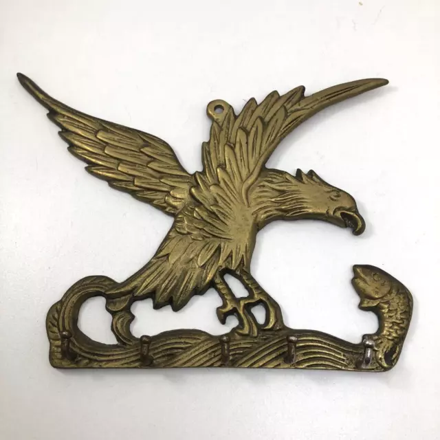 Vintage Wall Mounted Eagle + Fish Brass Key Holder - Five (5) Hooks