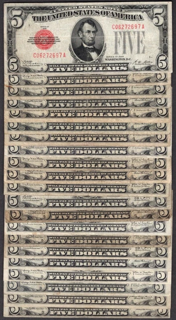 Lot of 21 1928 A-B-C-E-F $5 Five Dollar Bills Red Seal S476
