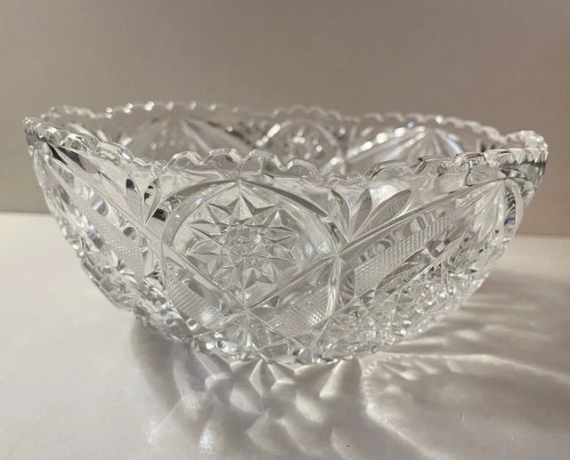 American Brilliant Period Cut Crystal Glass 8.5" Bowl ~ Starburst, Saw Tooth Rim