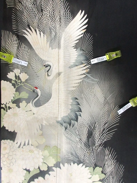 TF#101a60 Vintage Silk Tomesode Fabric Black Crane Birds 41.3x12.6in(105x32cm)