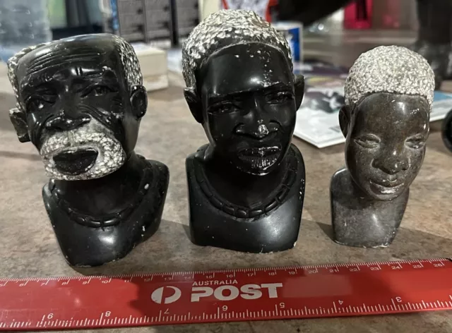 Vintage Hand Carved Stone African Head Bust Lot Of 3