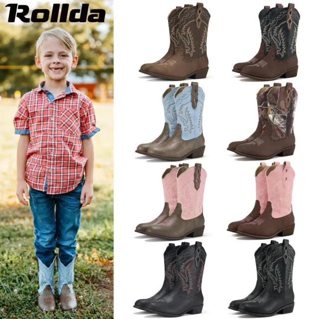 Rollda Kids Western Cowgirl Cowboy Boots Girls Boys Mid Calf Botas Riding Boots