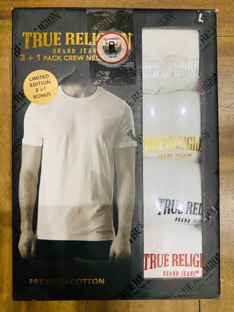 TRUE RELIGION 4-Pack Men's L Premium Cotton Crew Neck Logo T Shirt Black | L/XL