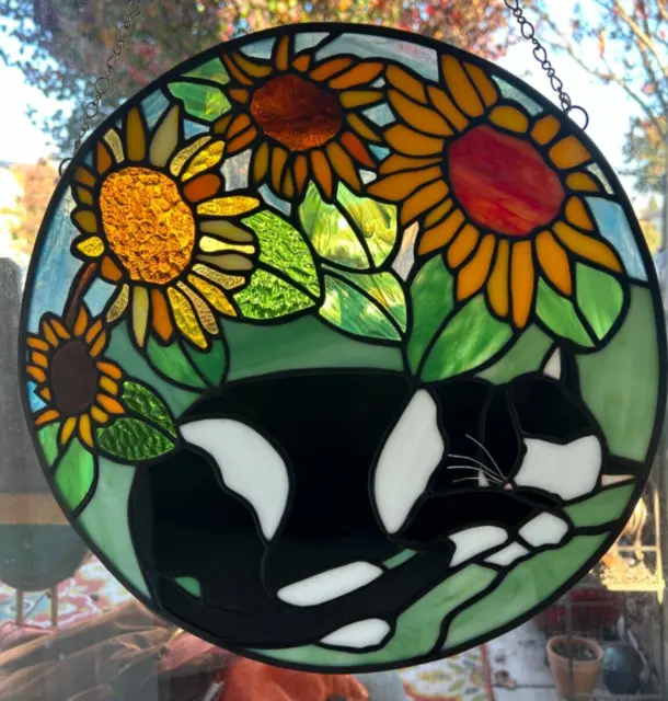 Sunflowers with Black/White Cat Stained Glass Handmade Suncatcher. 14” Round