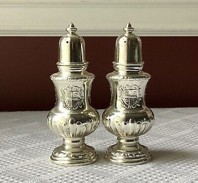 Pair of Two Japanese Metal Salt & Pepper Shakers with Coat of Arms, Heavy