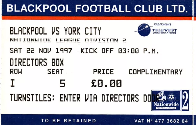 Ticket - Blackpool v York City 22.11.1997