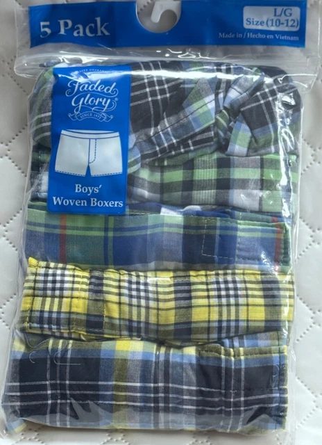 New! Faded Glory Boys Size L/G (10-12) Plaid Woven Boxers Package of 5