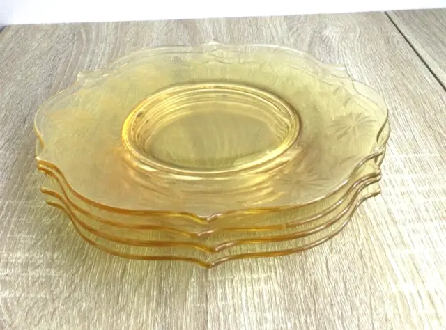 Yellow Depression Glass 8.5"" Salad Luncheon Plates (4 Lancaster Jubilee Etched