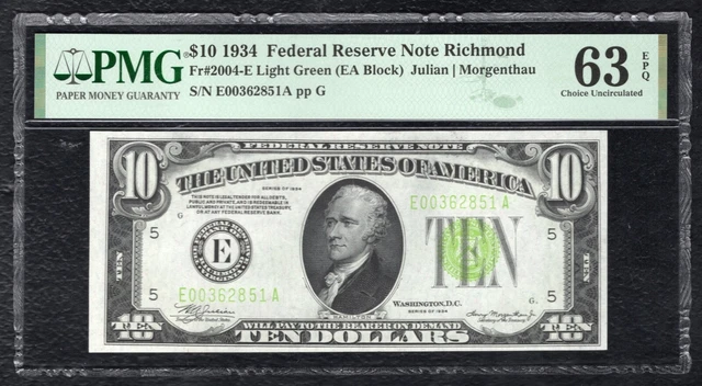 Fr. 2004-E 1934 $10 Lgs Light Green Seal Frn Richmond, Va Pmg Unc-63Epq