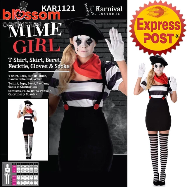 Ladies Mesmerizing Mime Costume - French Artist Clown Circus Fancy Dress Outfit (New With Tags)