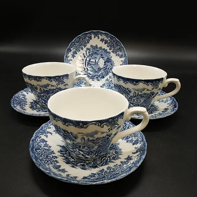 X3 Churchill Blue Willow Style Rural Scene Teacups & X4 Saucers, Staffordshire