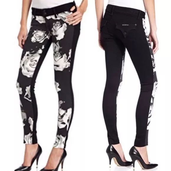 Hudson Collin Vice Versa Black & White Floral Print Skinny Jeans Womens Size 26