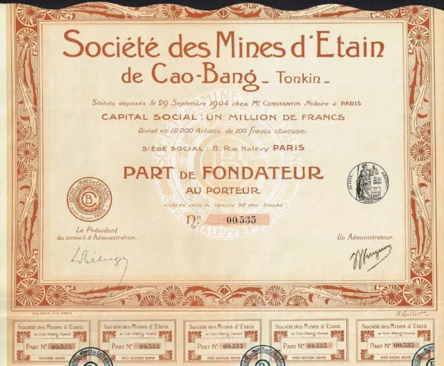 INDOCHINA TIN MINES OF CAO-BING stock certificate 1904