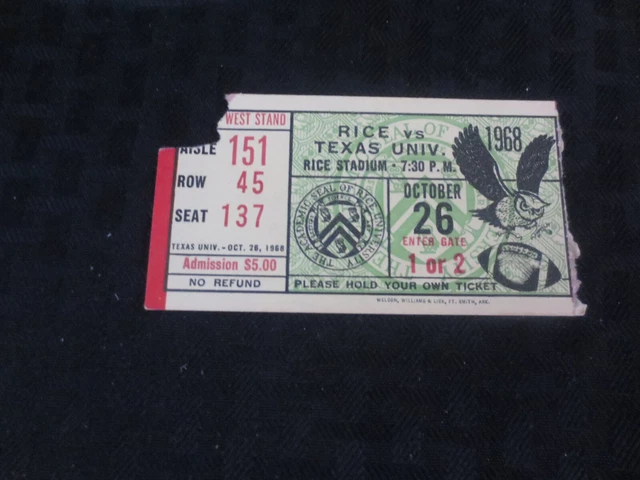 Texas Longhorns Football Ticket  VS Rice Owls Oct 26, 1968