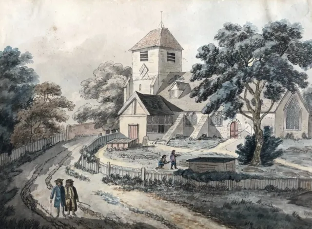 Acuarela antigua, escena animada alrededor de la iglesia, siglo XIX