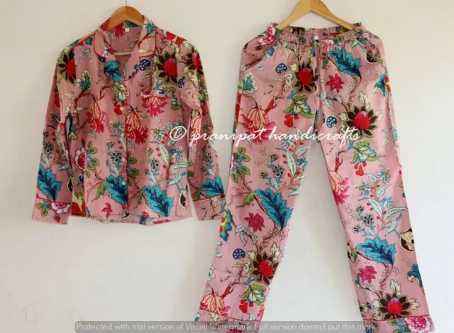 Indio Rosa Algodón Estampado Bebé Rosa Mujer Hippie Gypsy Top-Pajama Set Pijama