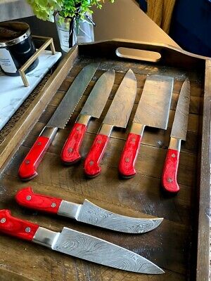 Hand forged Damascus steel chef set kitchen knives 7 pieces with chopper/cleaver