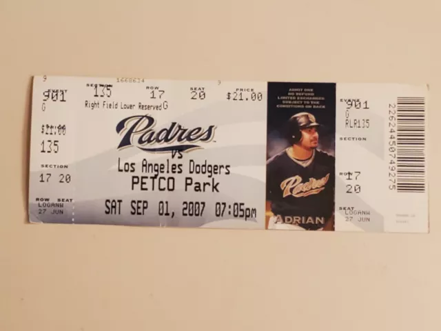 2007 MLB San Diego Padres Ticket Stub. SEP 1 2007 v LA Dodgers (7-0W) SEC 135