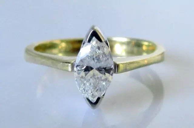 Gold Diamond Ring - 14ct Gold Solitaire Marquise Cut Diamond Ring Size O 1/2