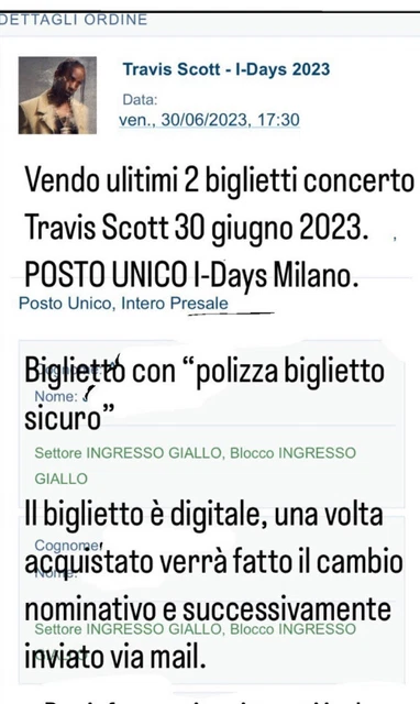 Biglietti concerto Travis scott Ippodromo snai millano Posto Unico 30/06/2023
