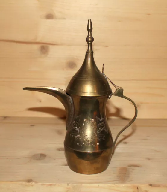 Vintage Middle East floral engraved brass coffee teapot pitcher jug with spout