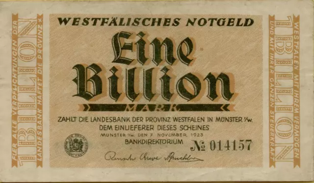 3850: Notgeld Banknote Inflation 1 Billion Mark Westfälisches Notgeld 1923