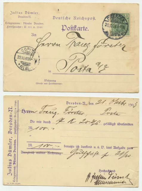 94878 - Postkarte Julius Dümler - Dresden-Neust. 21.10.1903 nach Posta a.E.