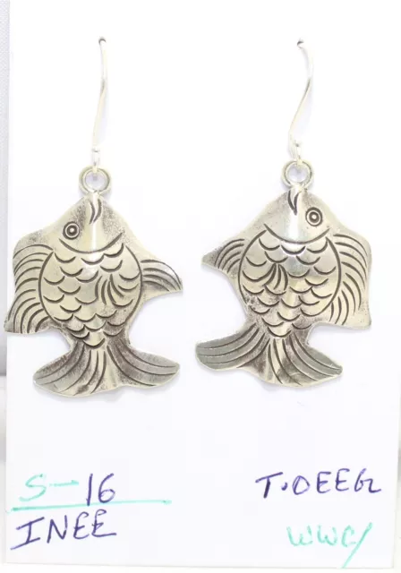 Charm Earrings Fish Dangle 925 Sterling Silver Handmade Hand Engraved Gift G458