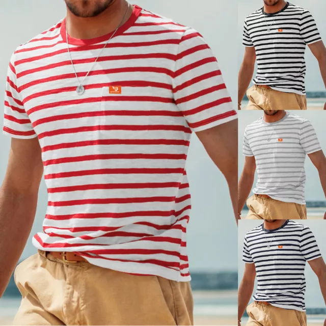 Men's Striped T-Shirt Crew Neck Short Sleeve Boys Stripy Summer Top S-3XL Casual