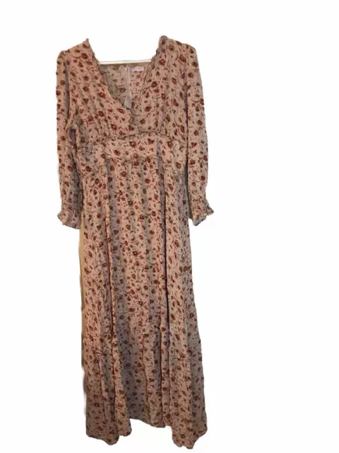 Pink Lily long sleeve floral maxi dress Beautiful Peach Flowers Boho Size L