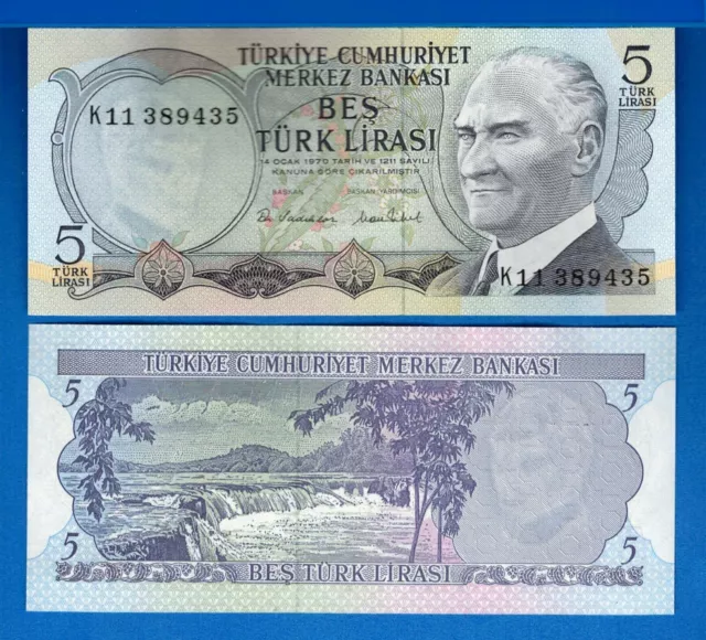 Turkey 5 Lira Year L.1970 Uncirculated Waterfall World Paper Money Banknote