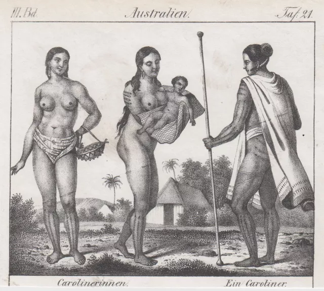 Micronesia Ethnologie Mann Mujer Original Litografía Völkergalerie 1840