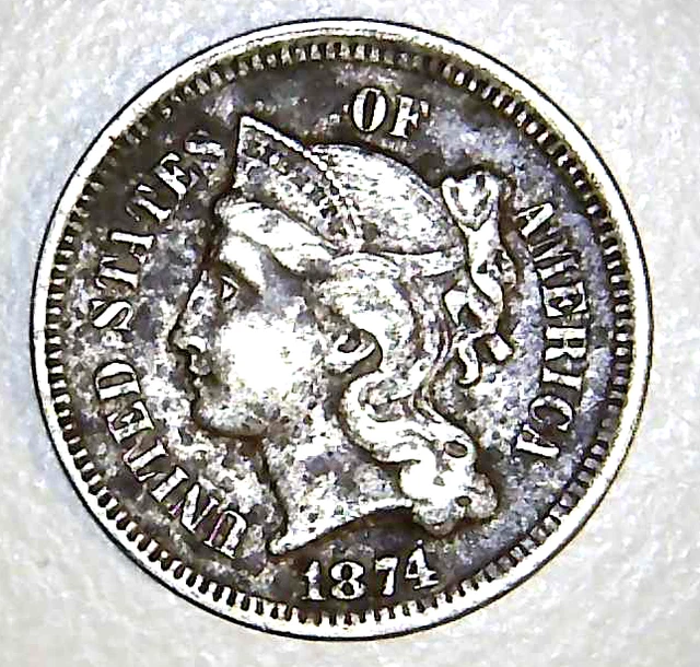 1874 US Nickel Three Cent 3c - Cameo Toning Nice Coin - Free Shipping (PA67)