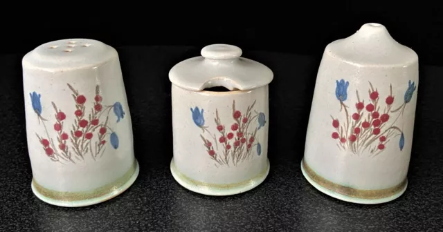 Set of Buchan Hand Painted Pottery Salt Pepper Shakers and Mustard Pot with Lid