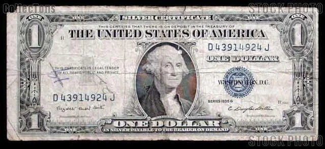 One Dollar Bill Silver Certificate NO MOTTO Series 1935 US Currency