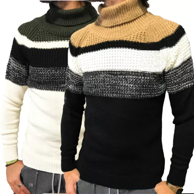 Maglione uomo Dolcevita Slim FIT invernale Pullover collo alto multicolore lana