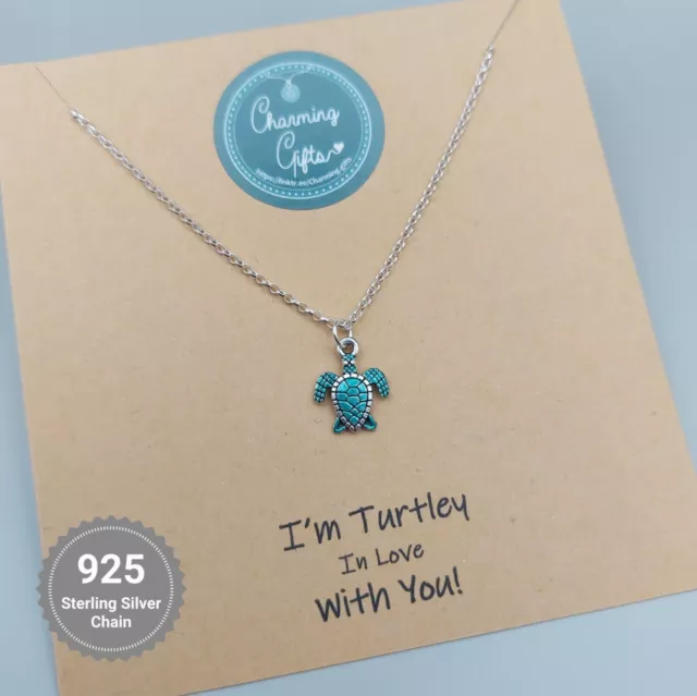 Silver Sea Turtle Necklace. Personalised Jewellery, Hand-Painted Charming Gifts.