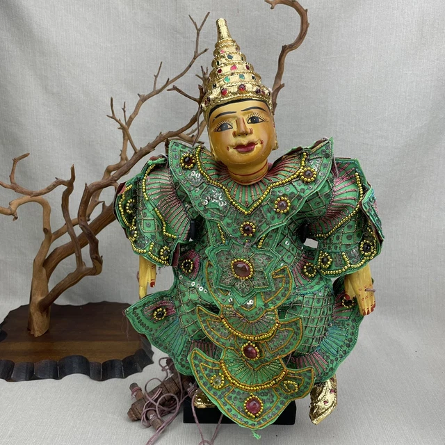 Burmese Marionette Vintage Hand Carved Wooden String Puppet with Stand